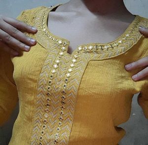 Yellow Mustard Embroidered Kurta
