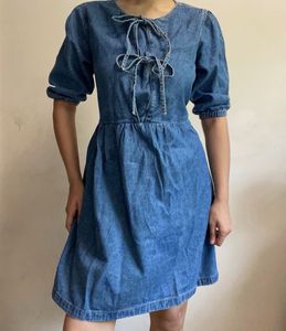 Denim Tie-Neck Puff Sleeve Dress