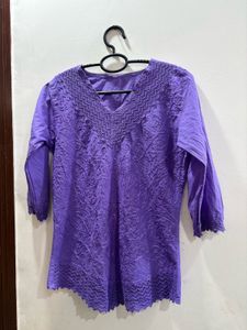 Purple Embroidered Cotton Kurti Top