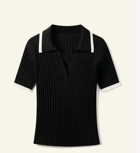 Black Ribbed Polo Top with White Trim