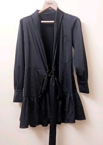 Chic Black Tie-Front Ruffle Dress
