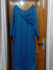 Elegant Blue Long Sleeve Wrap Dress