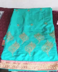 Beautiful Teal Saree with Gold Peacock Embroidery