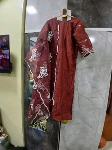 Elegant Brown Kurta Set with White Embroidery