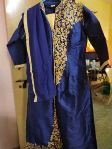 Elegant Blue &amp; Gold Embroidered Outfit