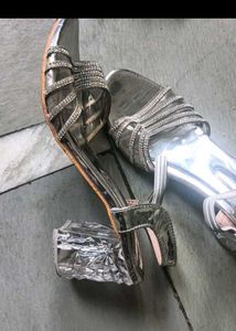 Silver Rhinestone Block Heel Sandals