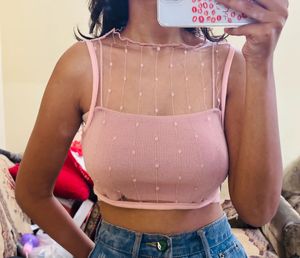 Pink Mesh Dot Crop Top🎀