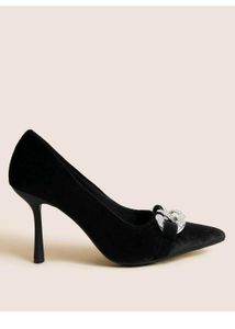 M&amp;S Black Velvet Heels with Rhinestone Buckle