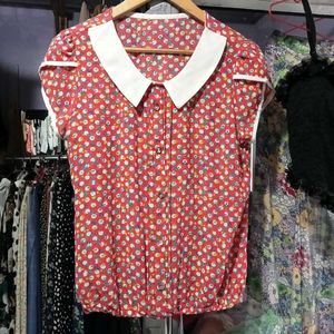 Red Floral Button-Up Top with Peter Pan Collar