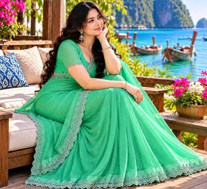 Elegant Sea Green Saree with White Lace