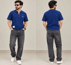 Men's Blue V-Neck T-Shirt & Grey Jeans