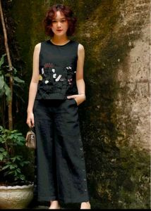 Black Embroidered Sleeveless Top and Pants Set