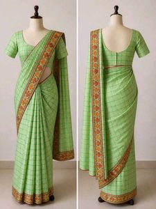 Elegant Green Checked Saree with Floral Border