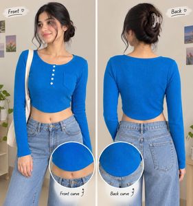 Blue Ribbed Cropped Henley Top