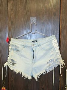 Distressed Lace-Up Denim Shorts