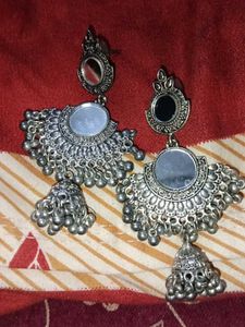 Oxidized Silver Jhumka Earrings with Mirror