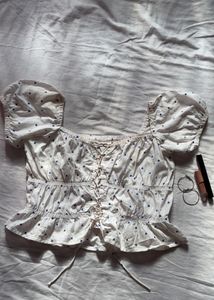 Cute White Heart Print Puff Sleeve Top