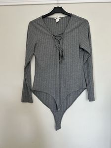 H&M Gray Ribbed Lace-Up Bodysuit