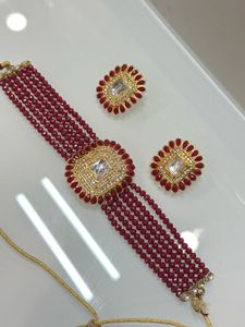 Maroon Beaded Choker Necklace & Earrings Set