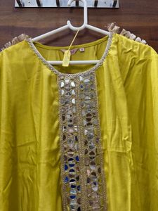 Yellow Kaftan Kurta Set with Mirror Work