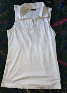 Sleeveless White Ribbed Polo Top