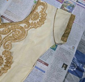 Heavy Work Cream Anarkali Set with Gold Embroidery
