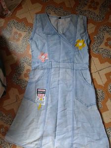 Cute Denim Dress with Flower Appliques