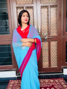 Beautiful Blue Saree with Red Border
