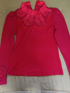 Chic Red Embellished Long-Sleeve Top