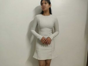 Chic White Textured Long Sleeve winter Dress