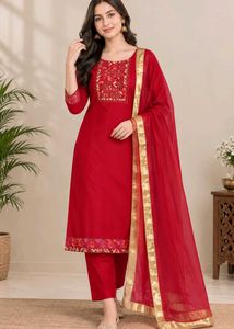 unstitched Red Embroidered Kurta Set