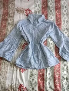 Blue striped Bell Sleeve Button-Up Top