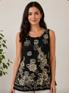 Chic Floral Sleeveless Black Tunic Top