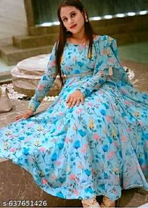 Beautiful Blue Floral Anarkali Gown
