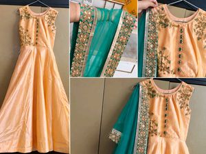 Women’s Peach Golden Embroidered Anarkali Gown wit