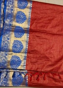 Elegant Red Silk Saree with Blue Border