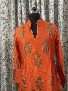 Vibrant Orange Kurta with Gold Print