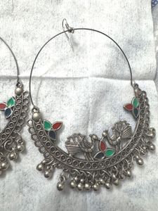 Oxidized Silver Peacock Hoop Earrings