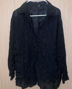 Chic Embroidered Black Button-Up Top
