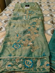 Stunning Teal Embroidered fendy silk  Kurta Set