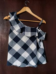 Checkered One-Shoulder Ruffle Top