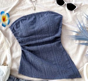 Blue Eyelet Strapless Tube Top