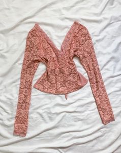 Pink Lace V-Neck Long Sleeve Top