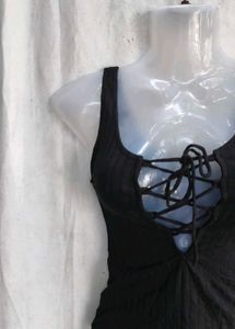 Black Lace-Up Ribbed Tank Top