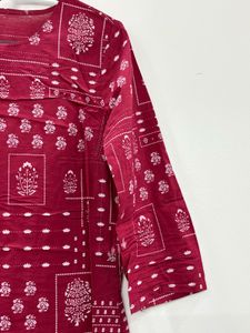 Maroon Block Printed Straight Fit Kurta