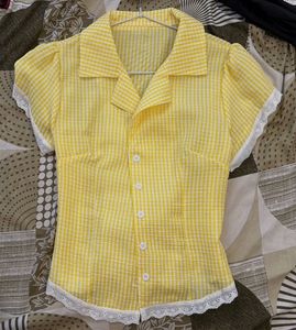 Savana Cute Yellow Gingham Puff Sleeve Top