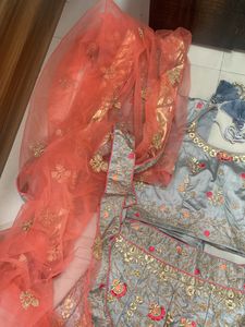 Grey Colour Heavy Work Ghagra With Duppata And Blo