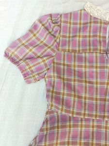 Pink Plaid Lace Trim Dress