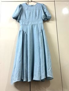 Light Blue Puff Sleeve Midi Dress
