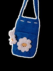 Handmade Blue Crochet Bag with Flowers